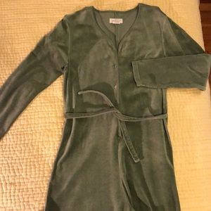 Velour Olive Green Women's Pajama Jumpsuit with Self Tie Belt